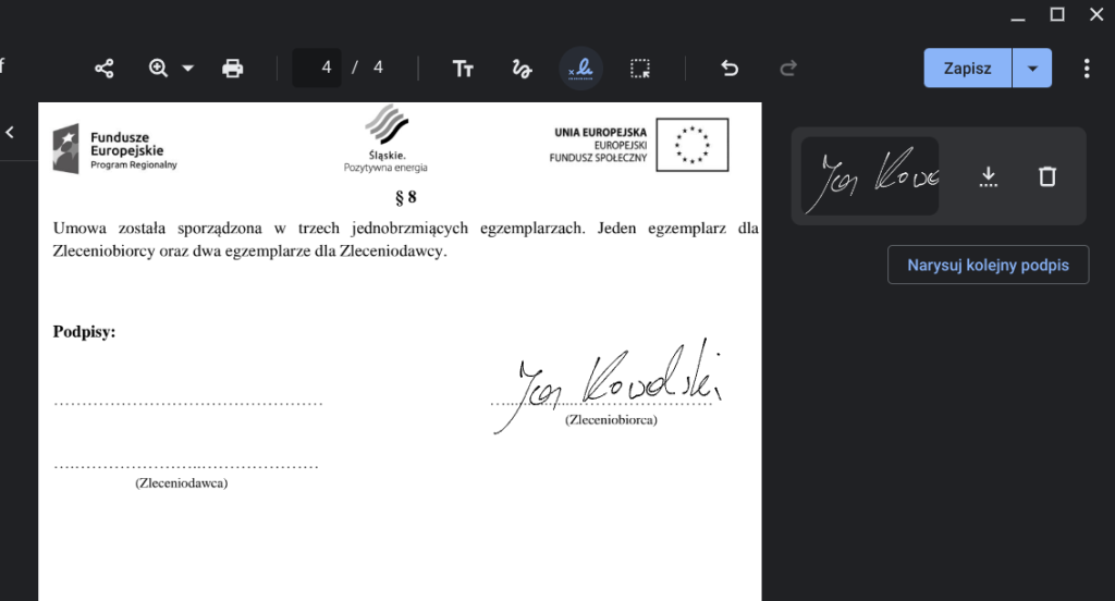 Dokument podpisany na Chromebooku w aktualizacji ChromeOS 115